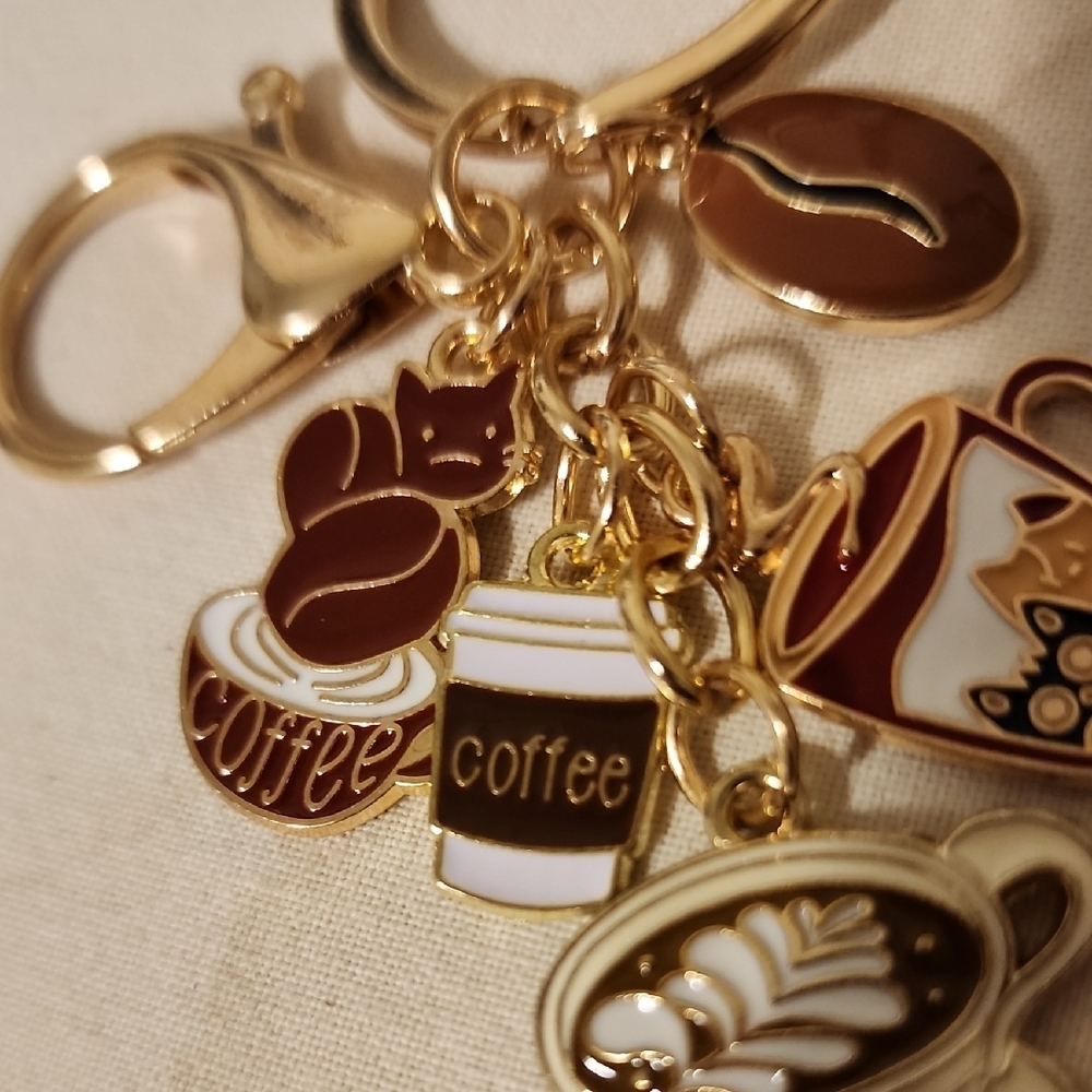 Gold and Brown Coffee Charm Keychain - Picture 3 of 5